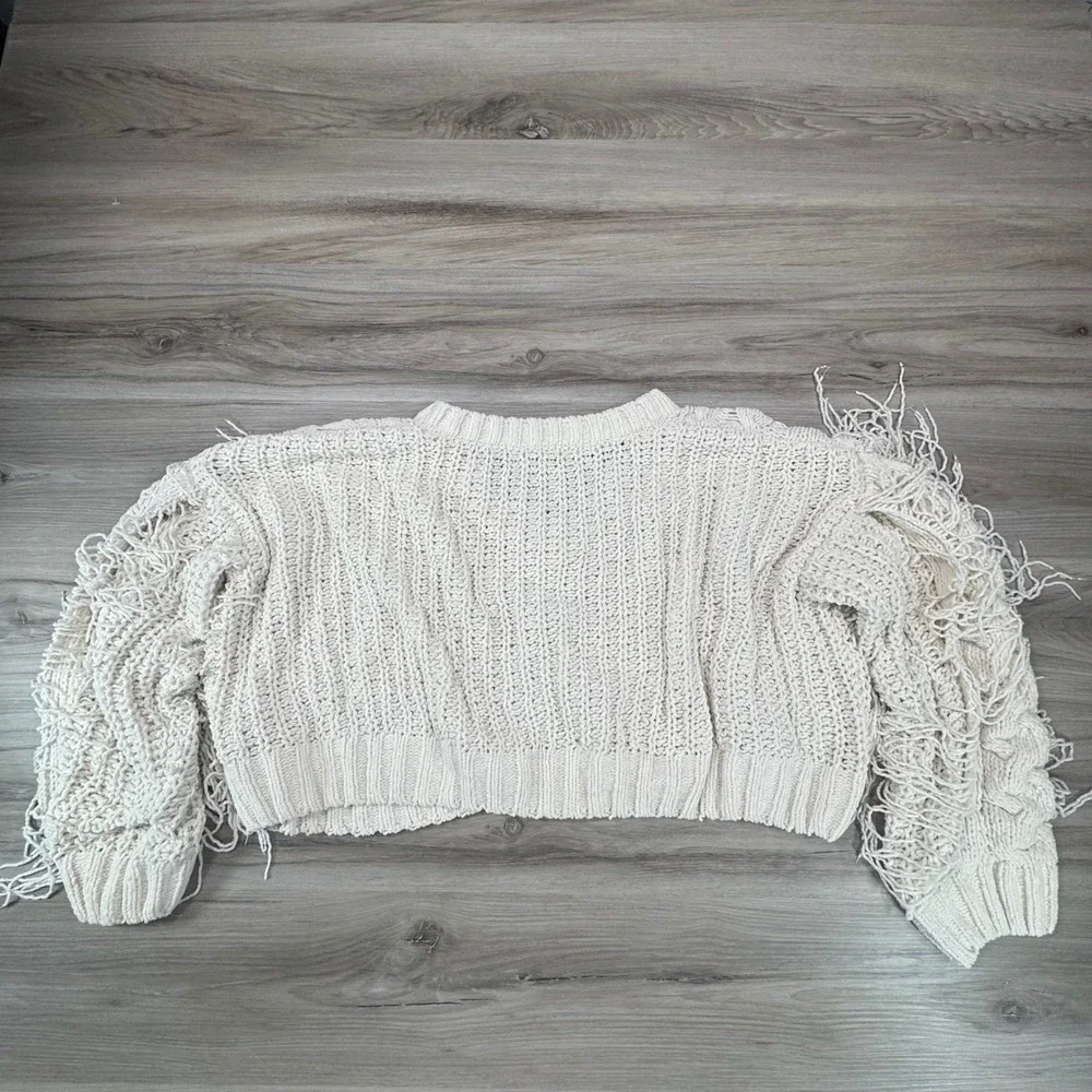 hooked up Cream Cable Knit‎ Fringe Cropped Sweater WMNS S Cottagecore fairycore